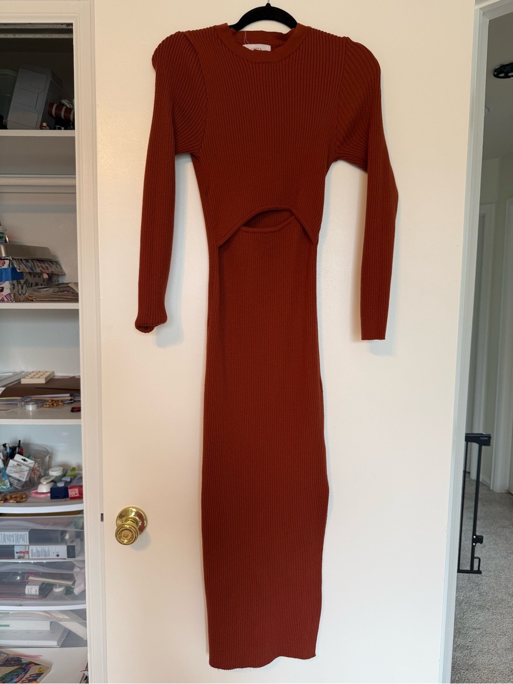 Ribbed Long-Sleeve Cutout Maxi Dress in Rust